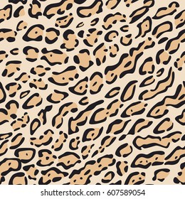 Seamless animal pattern. Imitation print of skin of ocelot, tiger cat. Black and brown spots on beige background.