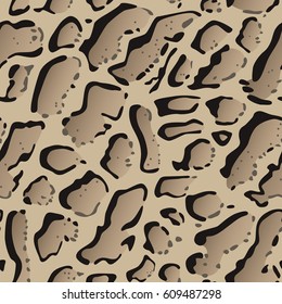 Seamless animal pattern. Imitation print of skin of clouded leopard. Black, gray and brown spots on beige background.