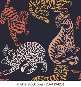 Seamless animal pattern. Jungle predator drawing. Silhouettes of cheetah, leopard, panther, wild cat. Outline textured contour illustration. Minimal design for surface print, textile, fabric, wrapping