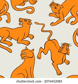 Seamless animal pattern. Jungle predator drawing. Silhouettes of cheetah, leopard, panther, wild cat. Outline contour illustration. Minimal design for surface print, textile, fabric, wrapping.