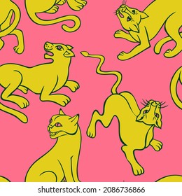 Seamless animal pattern. Jungle predator drawing. Silhouettes of cheetah, leopard, panther, wild cat. Outline contour illustration. Minimal design for surface print, textile, fabric, wrapping.