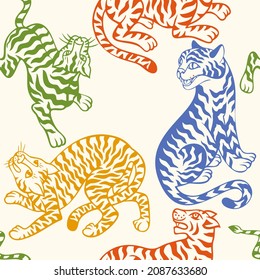 Seamless animal pattern. Jungle predator drawing. Silhouettes of cheetah, leopard, panther, wild cat. Outline textured contour illustration. Minimal design for surface print, textile, fabric, wrapping