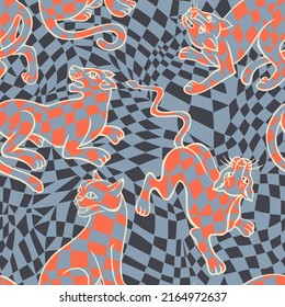 Seamless animal pattern. Jungle predator drawing. Silhouettes of cheetah, leopard, panther, wild cat on abstract checkered texture. Outline contour illustration. Fashion Intricate design for textile.