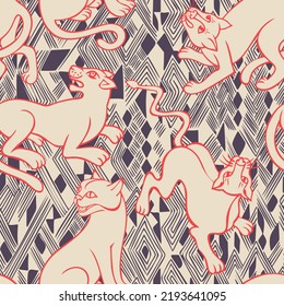 Seamless animal pattern. Jungle predator drawing. Silhouettes of cheetah, leopard, panther, wild cat overlaid on chevron ethnic african folk ornament. Outline contour drawing. Mixed design for textile