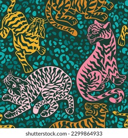 Seamless animal pattern. Jungle predator drawing overlay on spotted  African animal skin leopard tiger print fur texture. Silhouettes of cheetah, leopard, panther, wild cat. Outline contour drawing.