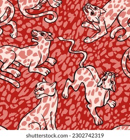 Seamless animal pattern. Jungle predator drawing overlay on spotted  African animal skin leopard tiger print fur texture. Silhouettes of cheetah, leopard, panther, wild cat. Outline contour drawing.