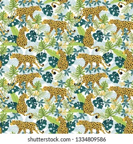 Seamless animal pattern. Leopards with flowers, tropical monstera, banana, philodendron and palm leaves. Trendy modern design. Vector illustration background.