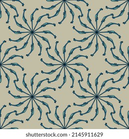 Seamless animal pattern with medieval dragon. Round spiral mandalas. Medieval illuminated manuscript design. Blue stars on light background.