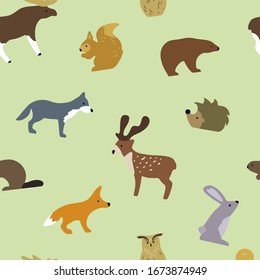 Seamless Animal Pattern, Minimal Flat Vector Illustration. Forest animals: deer, bear, hedhehog, rabbit, fox, squirell, bear, eagle-owl, wolf. Can be used for textile, poster, wallpaper, birthday card