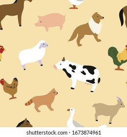 Seamless Animal Pattern, Minimal Flat Vector Illustration. Farm domestic animals: cow, sheep, goose, cat, dog, hoarse, pig, hen, rooster, goat. Can be used for textile, poster, wallpaper, birthday car