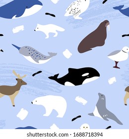 Seamless Animal Pattern, Minimal Flat Vector Illustration. Arctic animals: orca, whale, narhwal, walrus, seagull, reindeer, arctic fox, white bear, seal. Can be used for textile, poster, wallpaper, bi