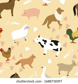 Seamless Animal Pattern, Minimal Flat Vector Illustration. Farm domestic animals: cow, sheep, goose, cat, dog, hoarse, pig, hen, rooster, goat. Can be used for textile, poster, wallpaper, birthday car