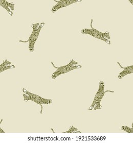 Seamless animal pattern in minimalistic style with wild jumping tiger ornament. Light beige background. Flat vector print for textile, fabric, giftwrap, wallpapers. Endless illustration.