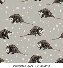 Seamless animal pattern with North American opossum in winter. Virginia opossum under snowflakes. (Didelphis virginiana). Hand drawn colorful sketch.