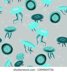 Seamless animal pattern with ocean jellyfishes or sea jellies.