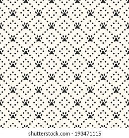 Seamless animal pattern of paw footprint and dot. Endless texture can be used for printing onto fabric, web page background and paper or invitation. Dog style. White and black colors.