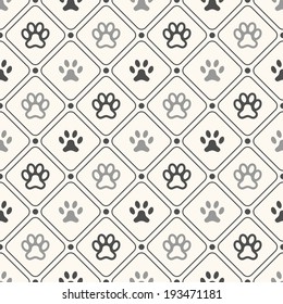 Seamless animal pattern of paw footprint in frame and polka dot. Endless texture can be used for printing onto fabric, web page background and paper or invitation. Dog style. White and black colors.