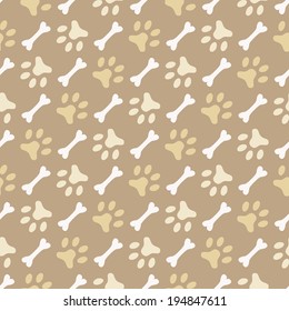 Seamless animal pattern of paw footprint and bone. Endless texture can be used for printing onto fabric, web page background and paper or invitation. Diagonal dog style. White and brown, beige colors.