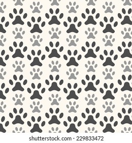 Seamless animal pattern of paw footprint. Endless texture can be used for printing onto fabric, web page background and paper or invitation. Wave dog style. White and black colors.