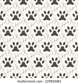 Seamless animal pattern of paw footprint. Endless texture can be used for printing onto fabric, web page background and paper or invitation. Polka dog style. White and black colors.