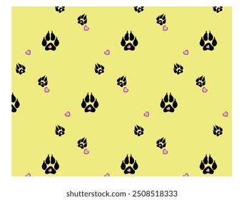 Seamless animal pattern of paw footprint. Vector illustration. Seamless pattern. Animal dog tracks. Vector illustration. Black silhouette of animal footprints on white background. Cats and dogs paw 