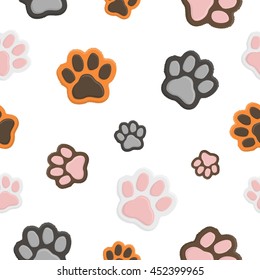 Seamless animal pattern Paw footprint in flat cartoon style. Cat paws on white background.