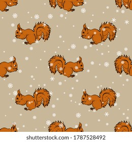 Seamless animal pattern with red squirrels and snowflakes. Winter Christmas motif.