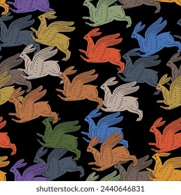 Seamless animal pattern with running or flying winged rabbits or hares. Merry Easter design.  Ancient Greek or Roman mythological motif. 