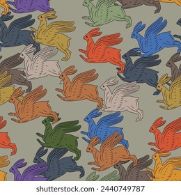 Seamless animal pattern with running or flying winged rabbits or hares. Merry Easter design.  Ancient Greek or Roman mythological motif. 