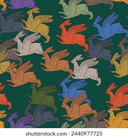 Seamless animal pattern with running or flying winged rabbits or hares. Merry Easter design.  Ancient Greek or Roman mythological motif. 