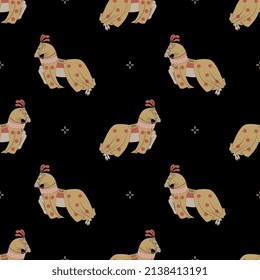 Seamless animal pattern with running jumping horses in medieval tournament joust horsecloth. On black background.