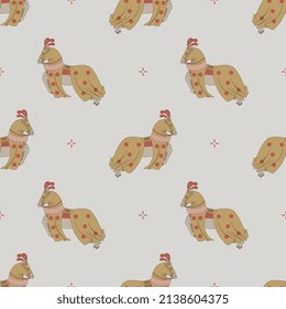 Seamless animal pattern with running jumping horses in medieval tournament joust horsecloth. On white background.