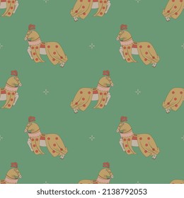 
Seamless animal pattern with running jumping horses in medieval tournament joust horsecloth. On green background.