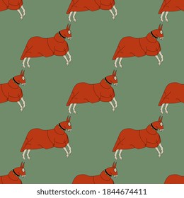 Seamless animal pattern with running medieval horses in tournament coat.