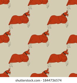 Seamless animal pattern with running medieval horses in tournament coat.