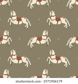 Seamless animal pattern with running saddled white horses. Folk style. On gray background.