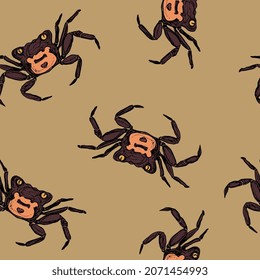 Seamless animal pattern with sea crabs. Geosesarma Tiomanicum. Vampire crab. Hand drawn colorful rough sketches. On yellow beige background.