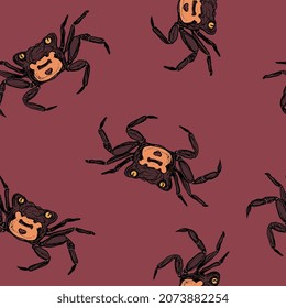 Patrón animal sin foco con cangrejos marinos. Geosesarma Tiomanicum. Cangrejo de vampiros. Esbozos ásperos de colores vivos dibujados a mano. Sobre el fondo rojo morado.