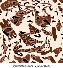 Seamless animal pattern set with isolated watercolor textured abstract heart design and zebra, wild tiger, leopard skin background elements in brown and black colors.