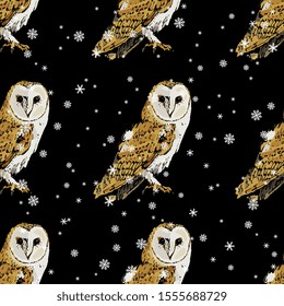 Seamless animal pattern with silhouettes of barn owls and snowflakes. Hand drawn sketches.