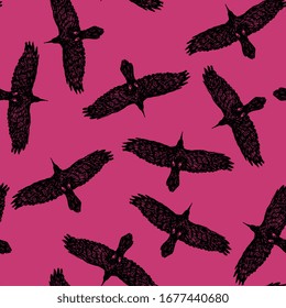 Seamless animal pattern with silhouettes of flying ravens. Hand drawn rough sketches.