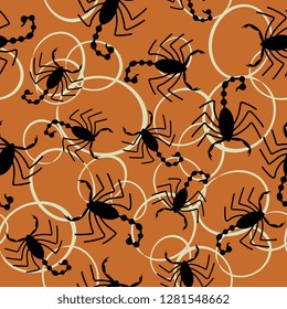 Seamless animal pattern with silhouettes of scorpions and abstract ellipses.