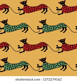 Seamless animal pattern with silhouettes of stylized funny cats. Folk style.