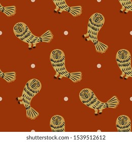 Seamless animal pattern with silhouettes of stylized owls. Russian folk style. 
