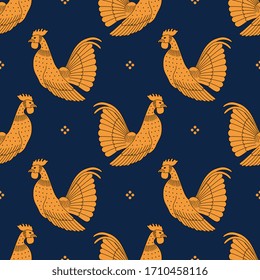 Seamless animal pattern with silhouettes of stylized roosters. Ancient Greek vase painting motif.