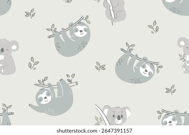 Padrão animal sem costura, preguiça e amizade koala para sempre, impressão para tecido têxtil, envoltório, papel de parede etc.