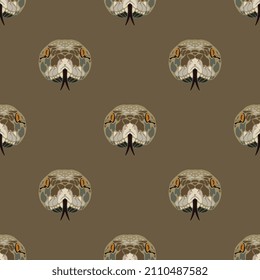 Seamless animal pattern with snake heads. On brown background.