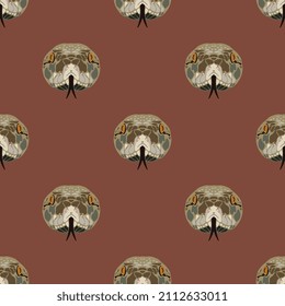 Seamless animal pattern with snake heads. On brown red background.