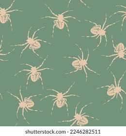 Seamless animal pattern with spiders. Beige silhouettes on green background. 