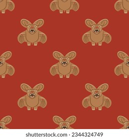 Seamless animal pattern with stylized bats. Ancient Peruvian Mochica art. Native American ethnic design of Moche Indians. On red background.
